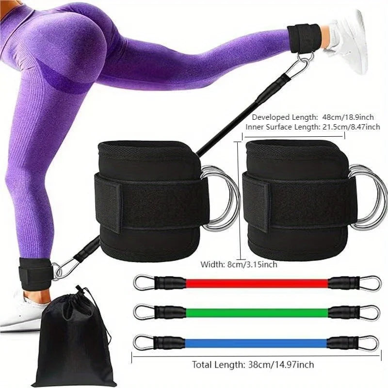 Resistance band trainer with black ankle cuffs and color bands, used during leg lift