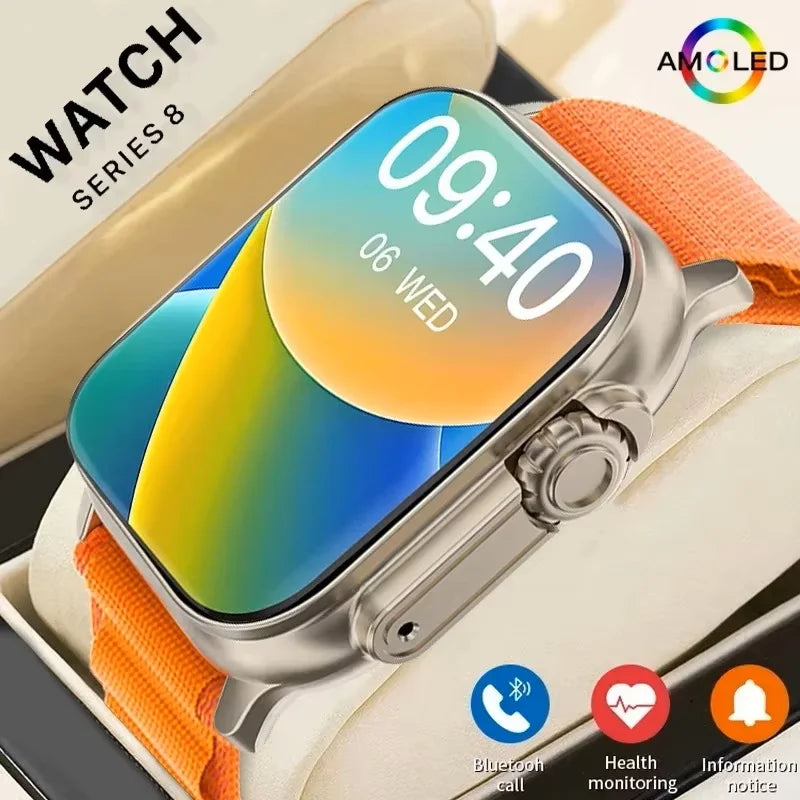 49mm smart watch with orange silicone strap and silver case, colorful AMOLED display