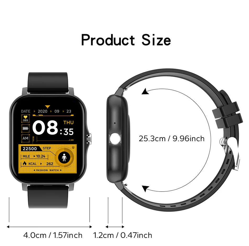 Black mini smart watch with silicone strap, showing size measurements