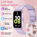 Smart watch with purple silicone strap and dark screen, curved 1.45-inch display