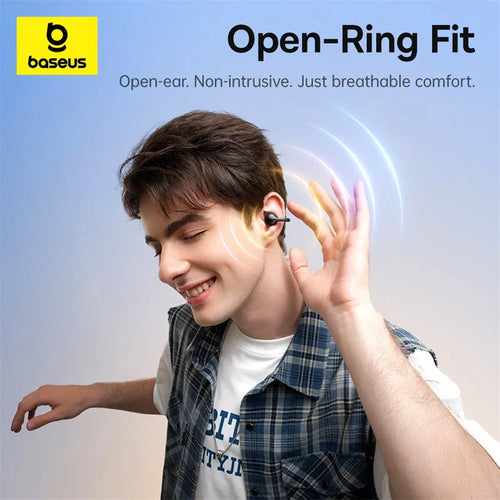 Black open-ear clip earbuds worn on a person’s ear, secure fit
