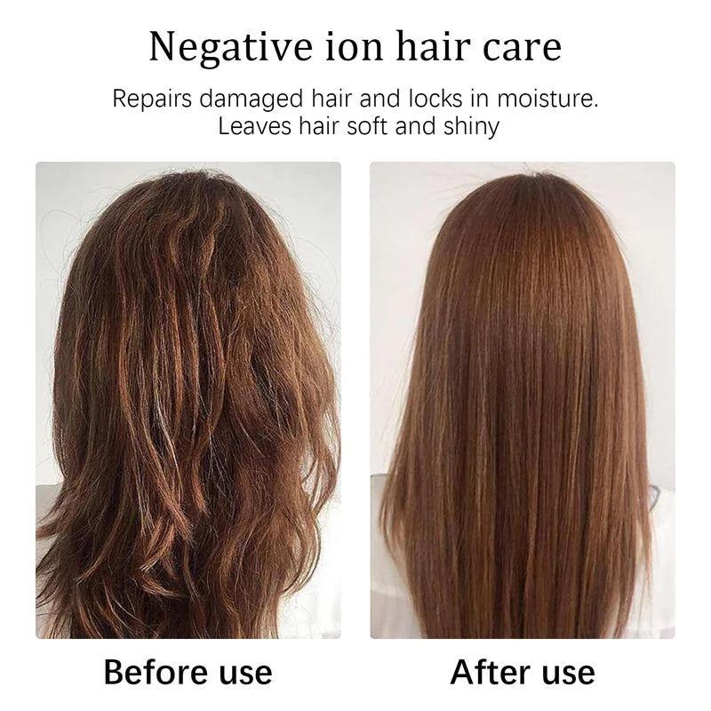 Shiny straightened hair shown after smoothing beside wavy hair before use