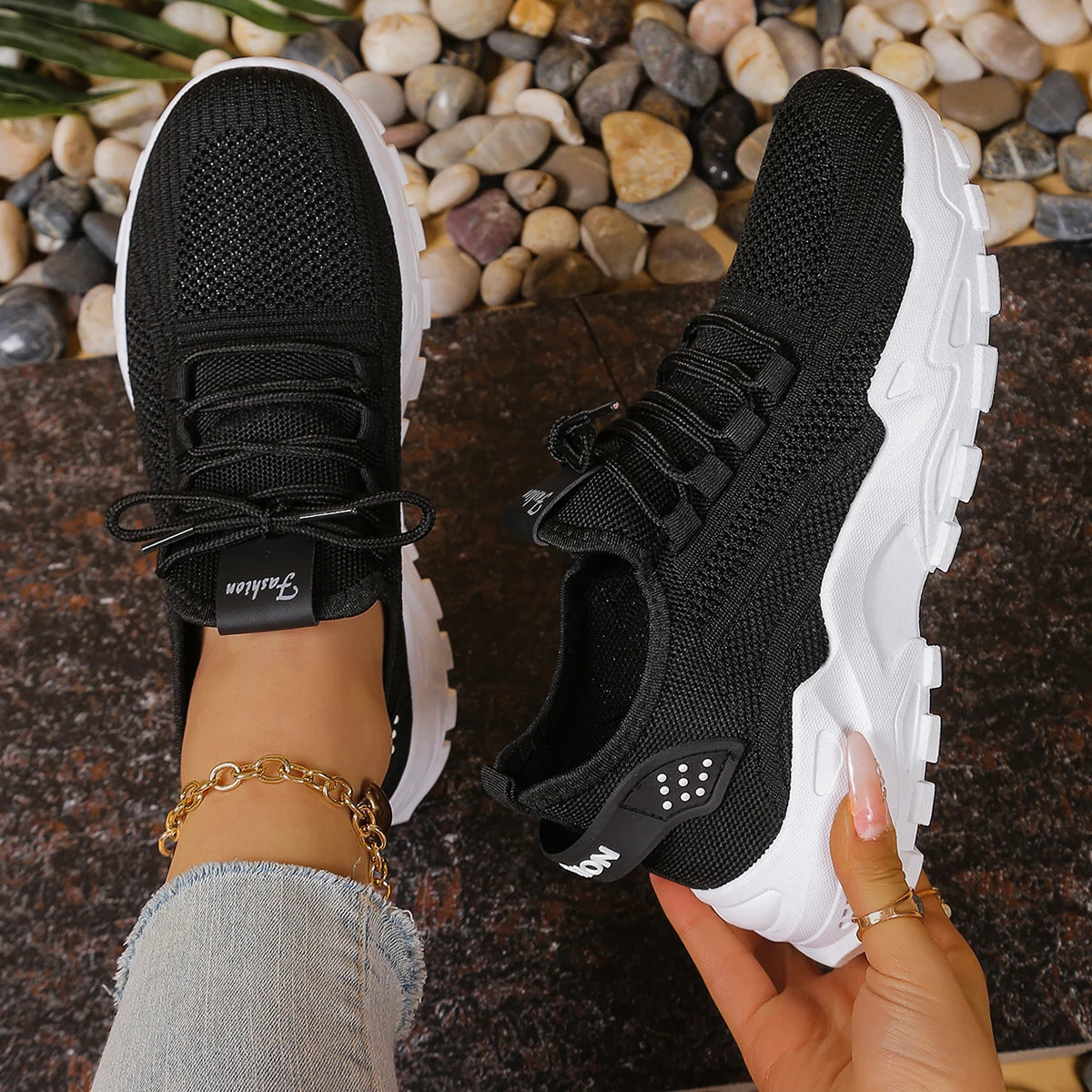 Women's Cedar & Moore breathable mesh athletic sneakers with black knit upper and thick white sole