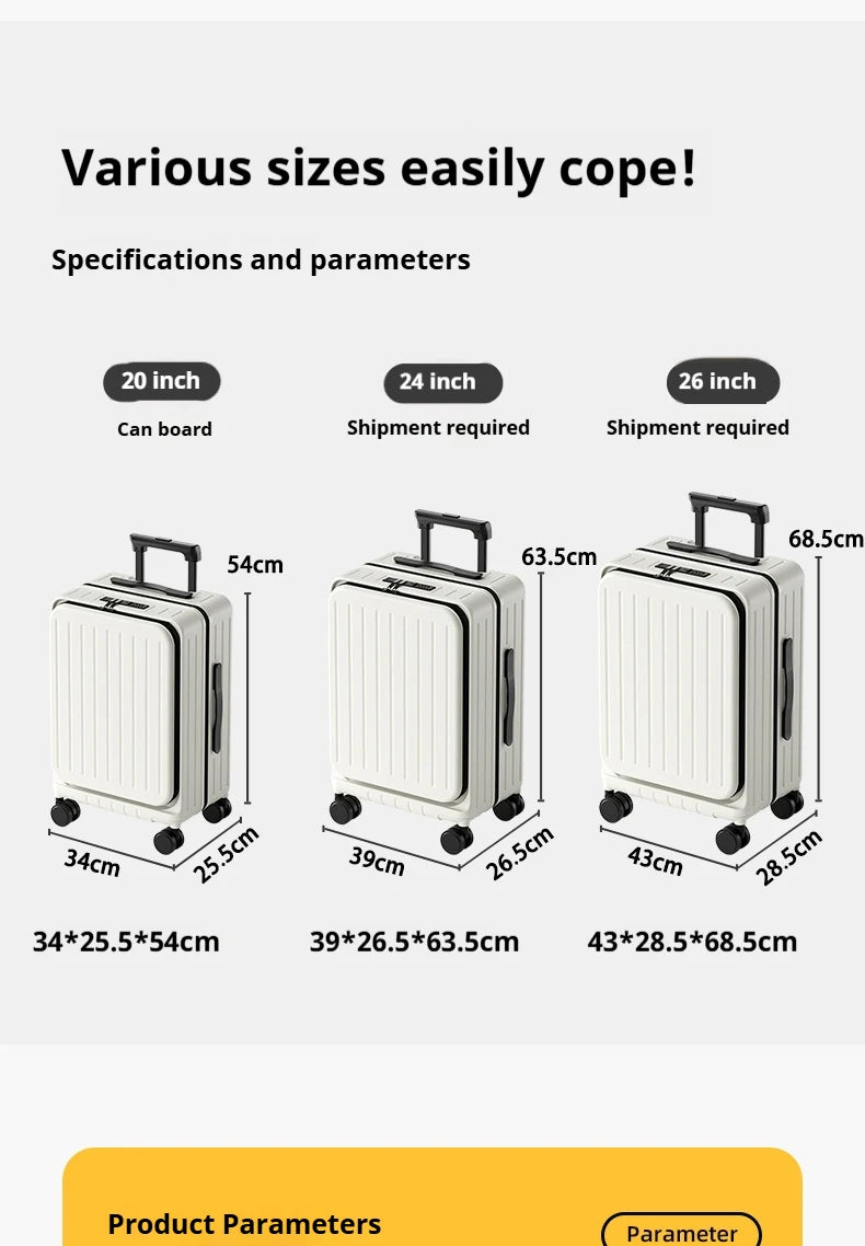 Hardshell suitcase size lineup showing 20, 24, and 26 inch options