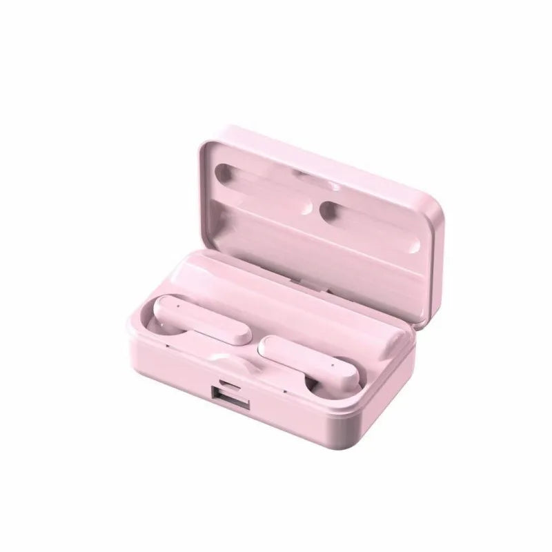 Wireless earphones charging case in pink with earbuds inside, open lid