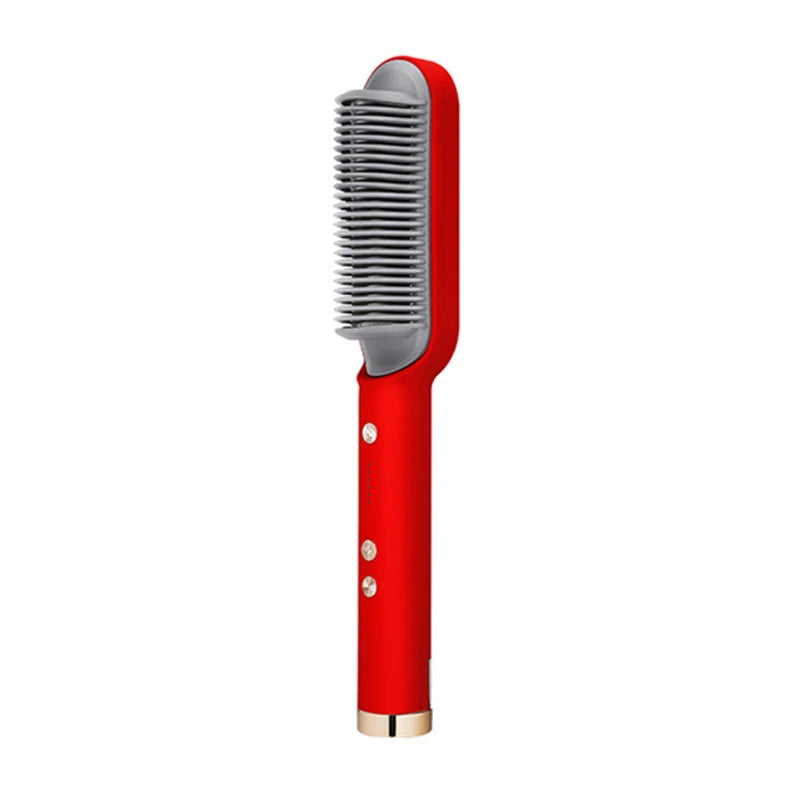 Red smoothing hot brush hair straightener with gray comb teeth and control buttons