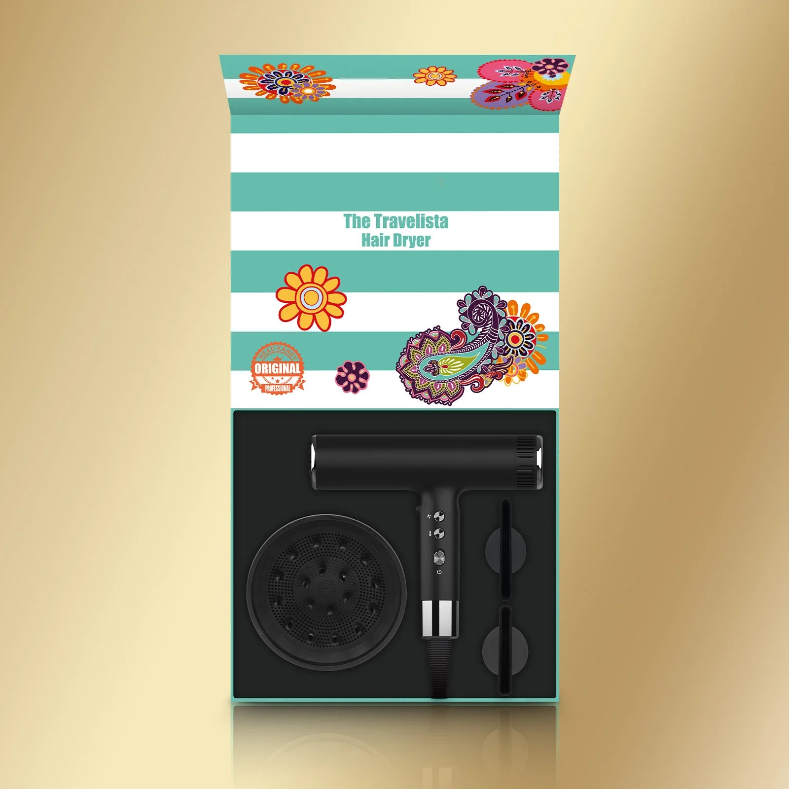 Black hair dryer set in retail box with nozzle and diffuser attachments
