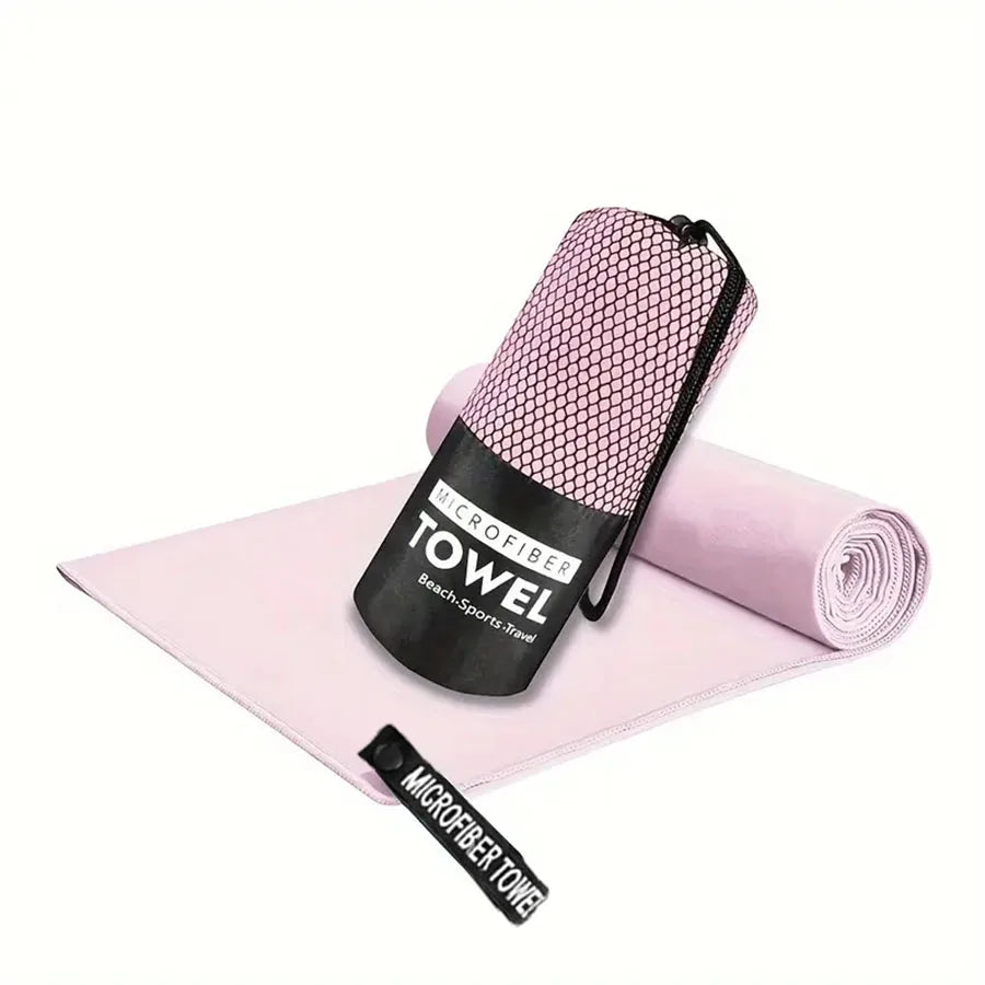 Pink microfiber gym towel set with pouch and matching carry bag
