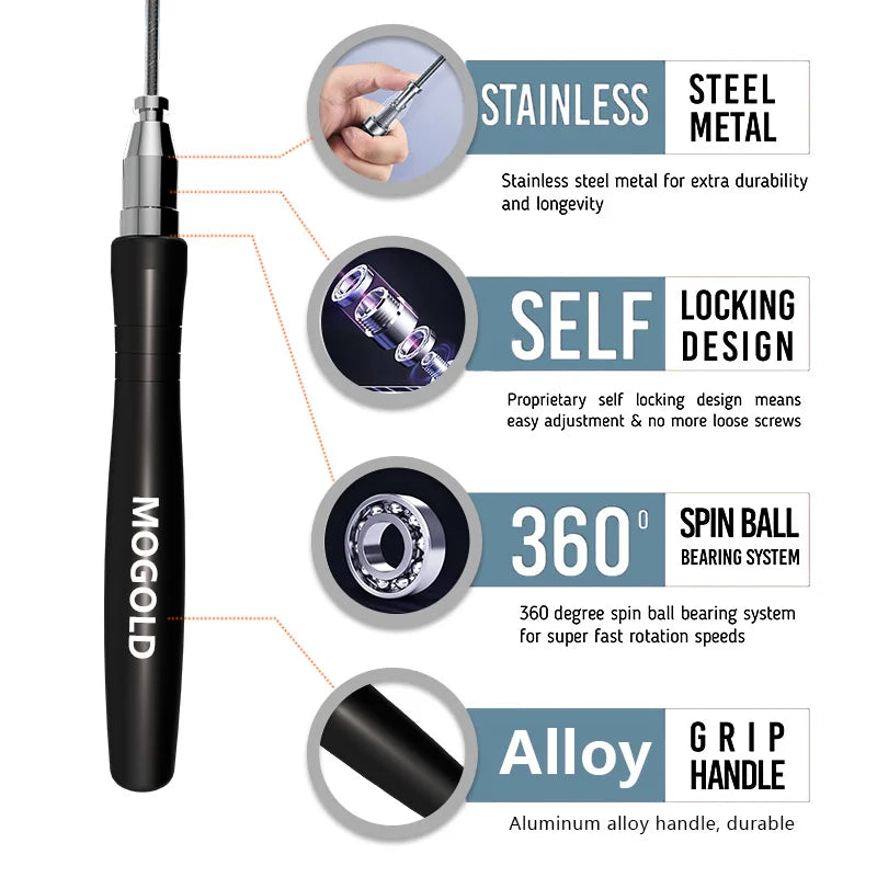 Adjustable speed jump rope with stainless steel ball-bearing handle and braided cable, black