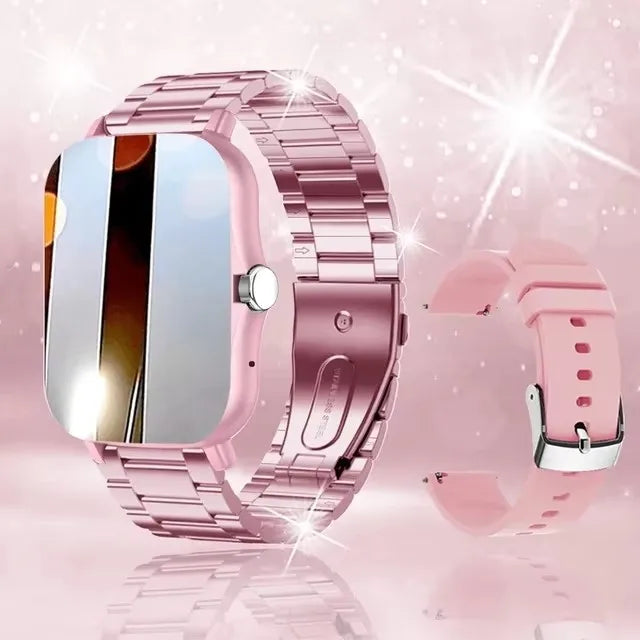 Multifunctional smart watch with pink metal band and extra pink strap; 1.4-inch OLED display