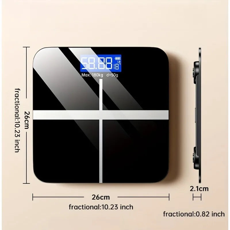 Digital bathroom scale with LED display by Cedar & Moore, black glass with silver cross accents