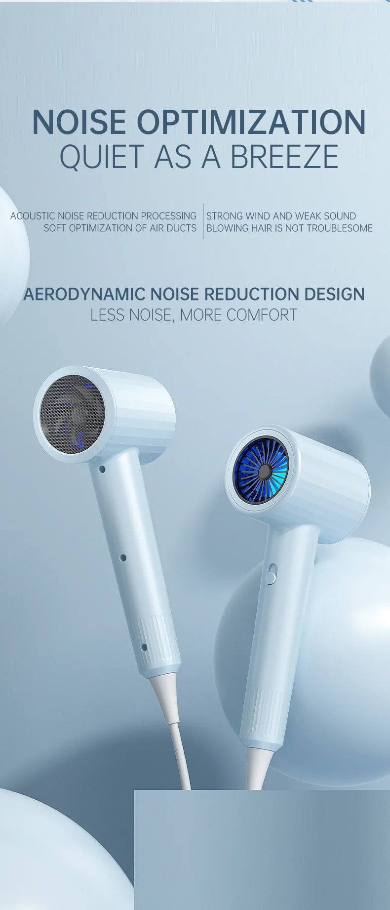 Two blue hair dryers shown in profile with circular intake grilles and power cords