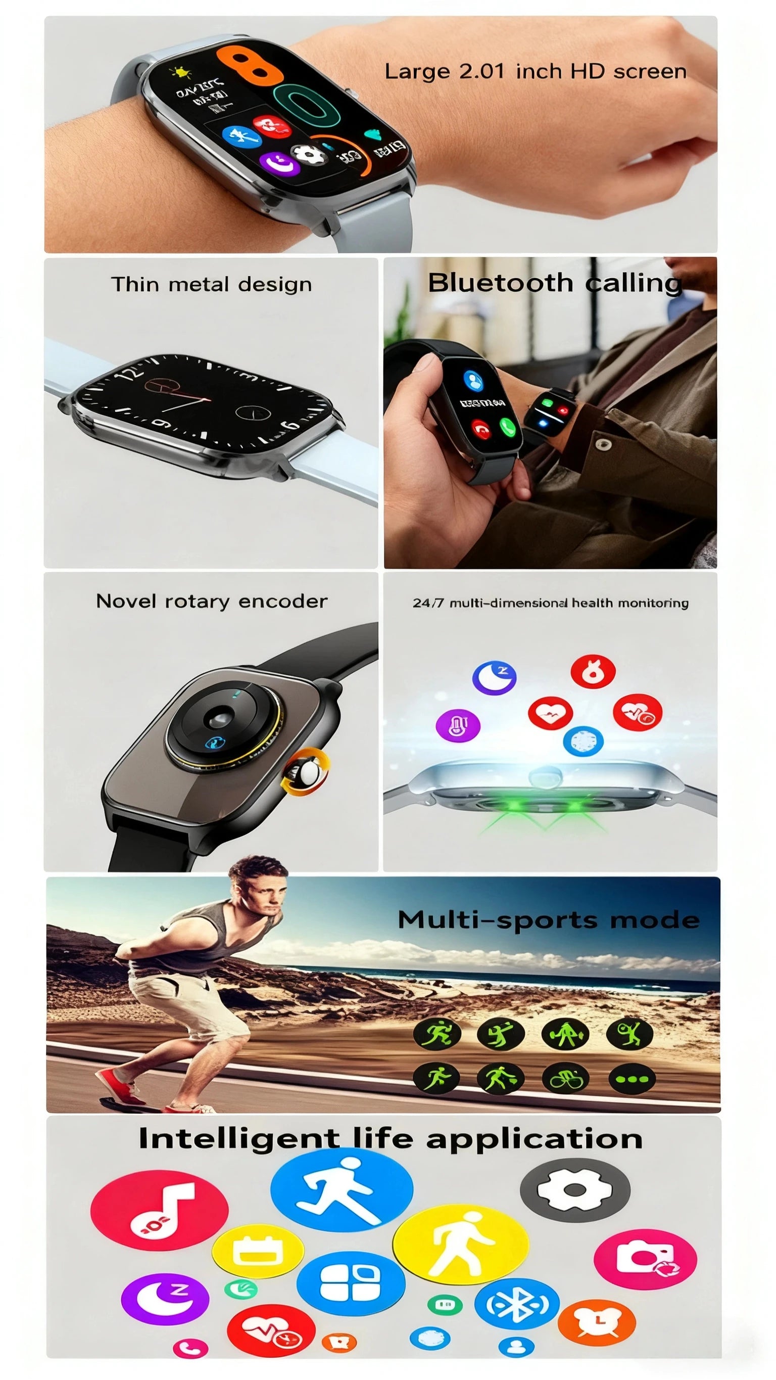 Intelligent health tracking watch with large screen and blue call interface