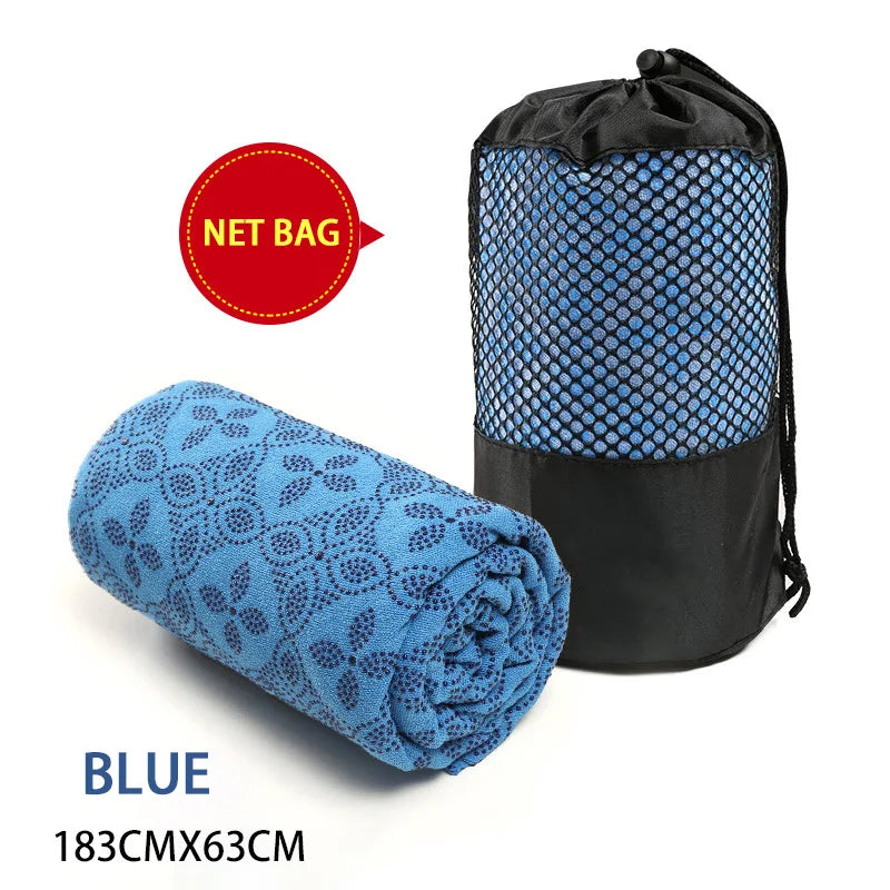 Cedar & Moore Non-Slip Yoga Towel 183x63cm, blue sweat-absorbent mat; 2-piece set with net bag.
