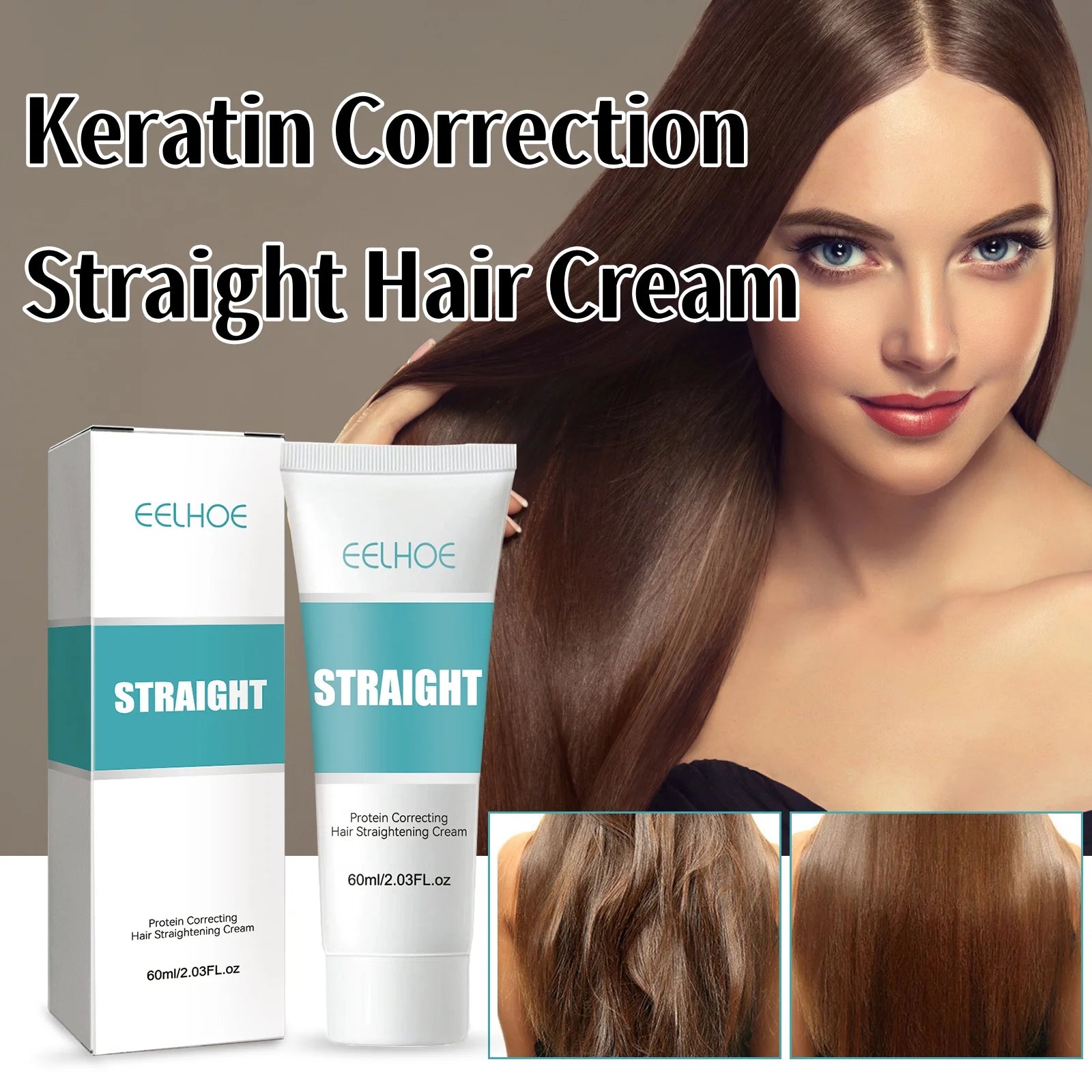 Keratin Straightening Cream by EELHOE, 60ml, box and tube shown, repairs and smooths frizzy hair.