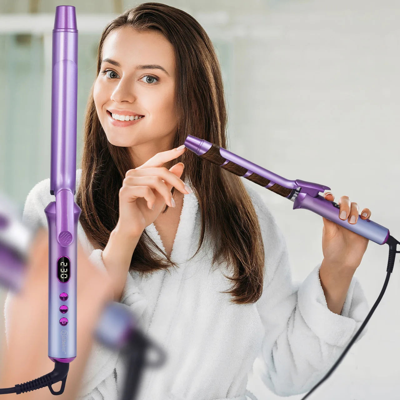 Person using a purple curling iron on hair with black power cord