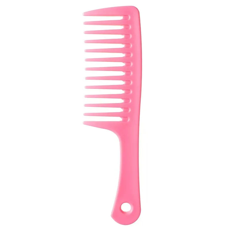 Pink wide-tooth detangling hair comb with large teeth and ergonomic handle