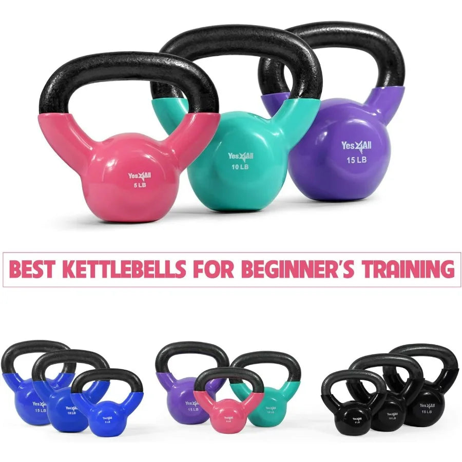 Vinyl Coated Kettlebell Set - 3-Piece Cast Iron (5lb, 10lb, 15lb) with Flat Base