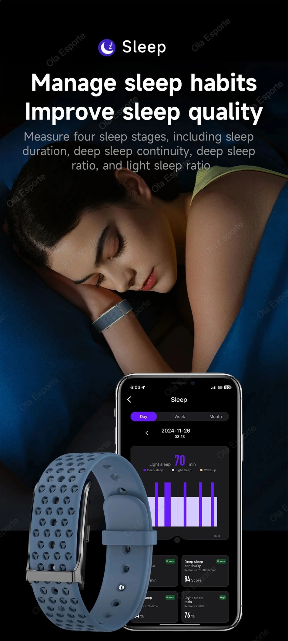 Fitness tracker smartwatch with light gray perforated strap and on-screen sleep stats