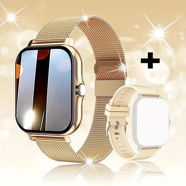 Cedar & Moore smart watch with gold mesh band and beige silicone strap, 1.4 inch OLED screen.