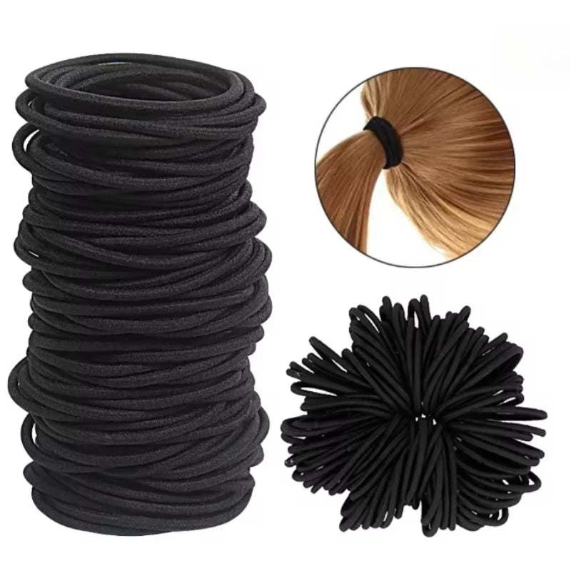 50/100pcs 3mm Black Small Elastic Hair Ties - Ponytail Holders for Thick & Curly Hair