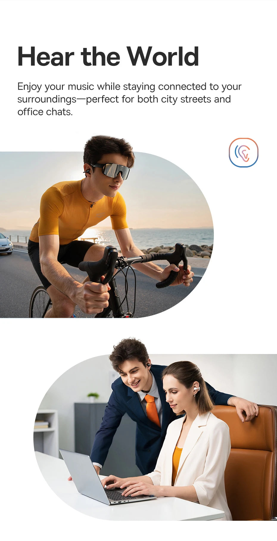 Open-ear clip earbuds worn for music on the go and desk work