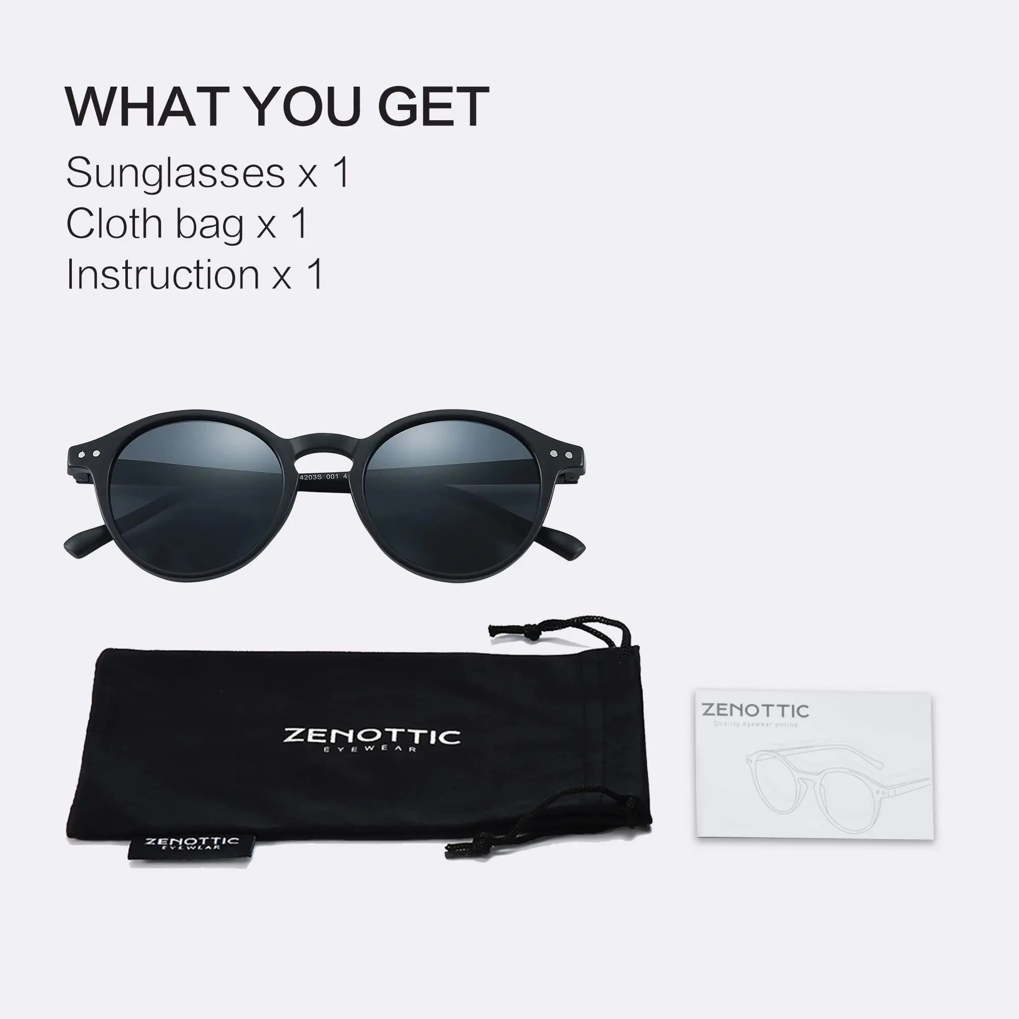 Retro round sunglasses with black frame and dark lenses with cloth bag and case