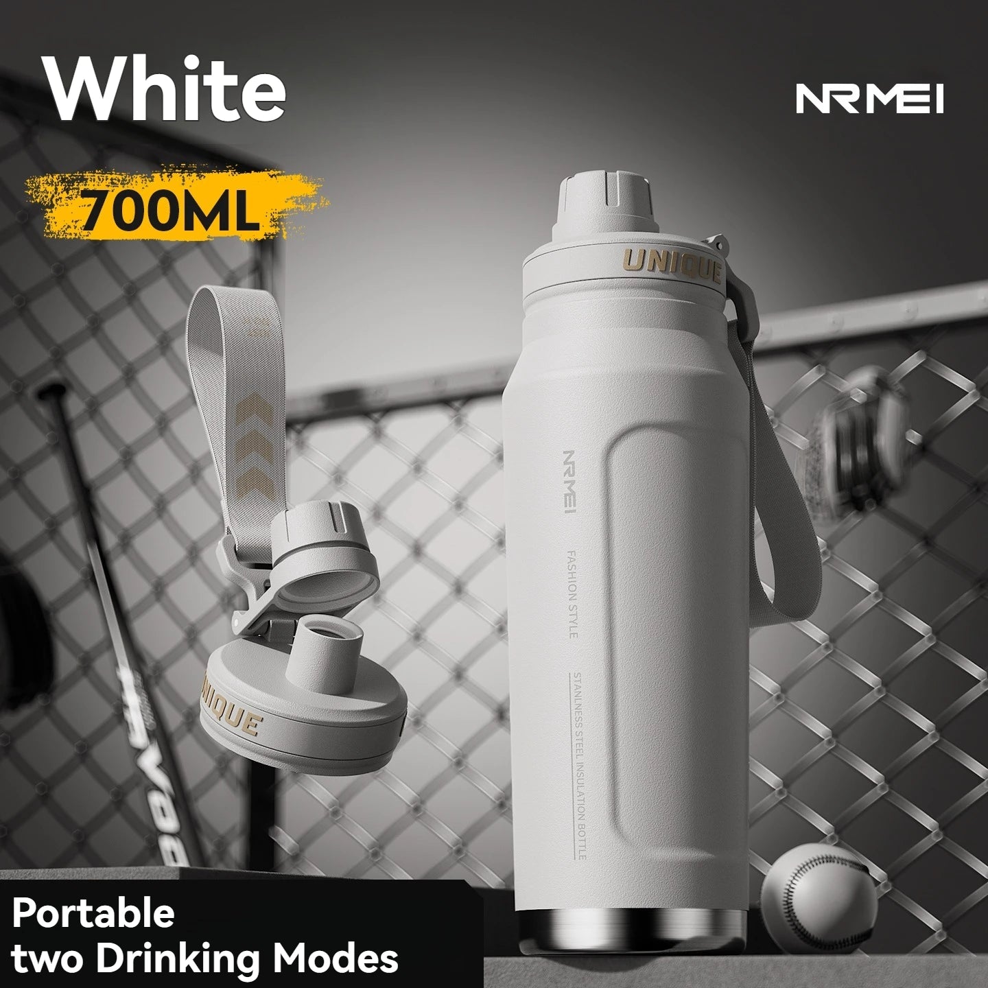 700ml insulated double-wall sports bottle, white, with carry handle and flip lid