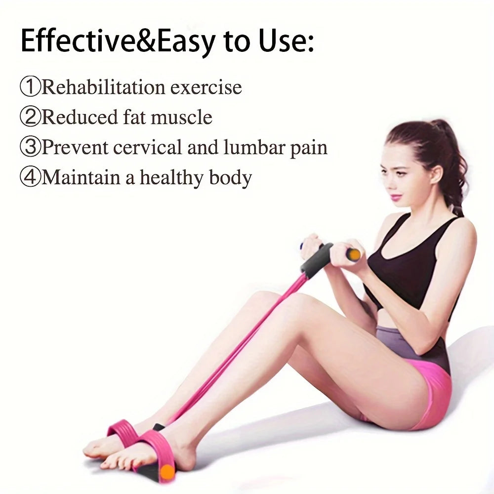 Purple resistance band with foam handles and foot pedals used in seated workout