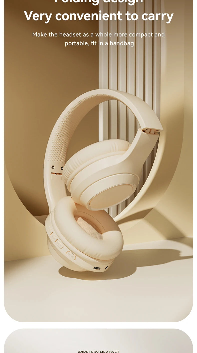 Over-ear wireless Bluetooth headphones folded compactly for storage, cream color.