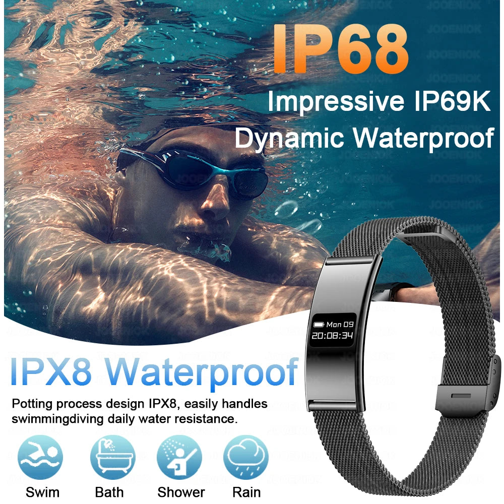 Smart fitness tracker bracelet with metal mesh strap and rectangular screen