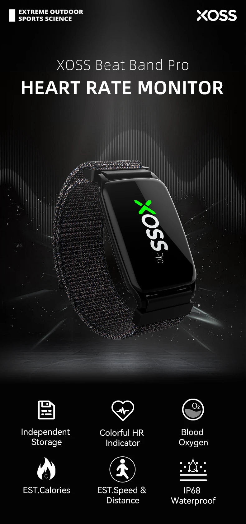 XOSS Beat Band Pro heart rate monitor armband, black woven strap, IP68 waterproof