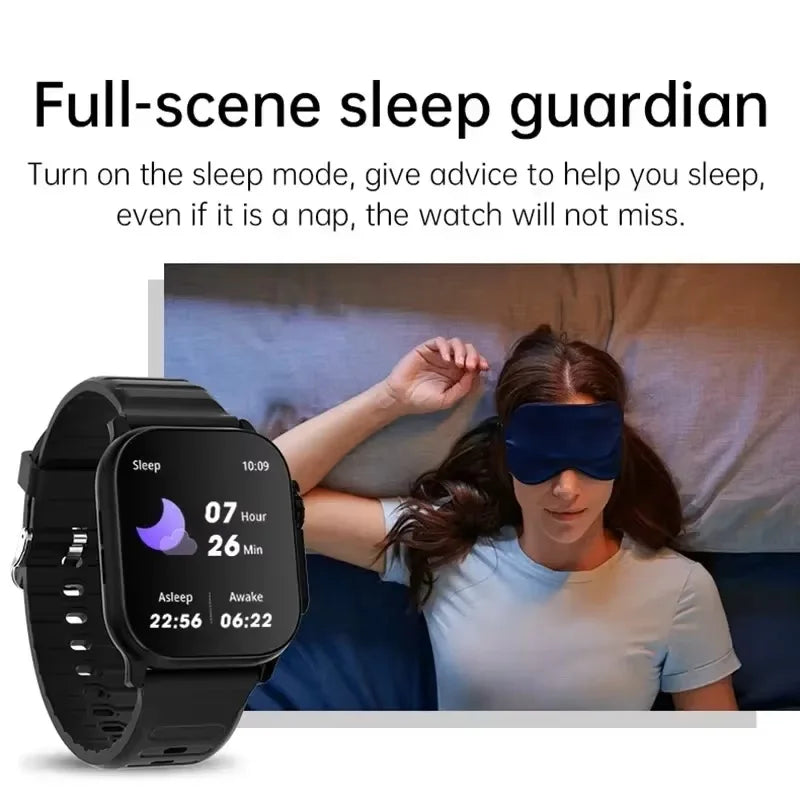 49mm smart watch with black silicone strap and dark display showing sleep stats