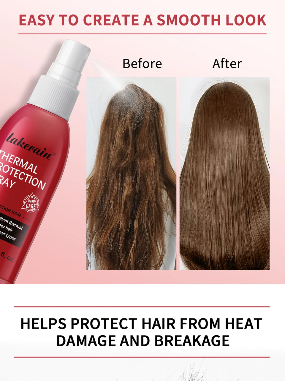 Lakerain Heat Protectant Spray red bottle; 100 ml, before and after hair smoothing comparison