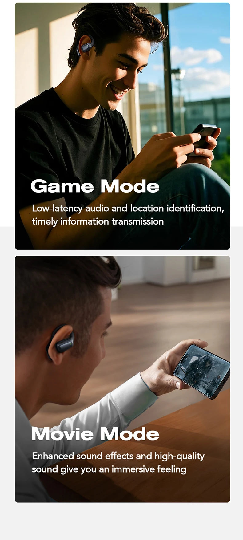 Sports earbuds in ear next to smartphone
