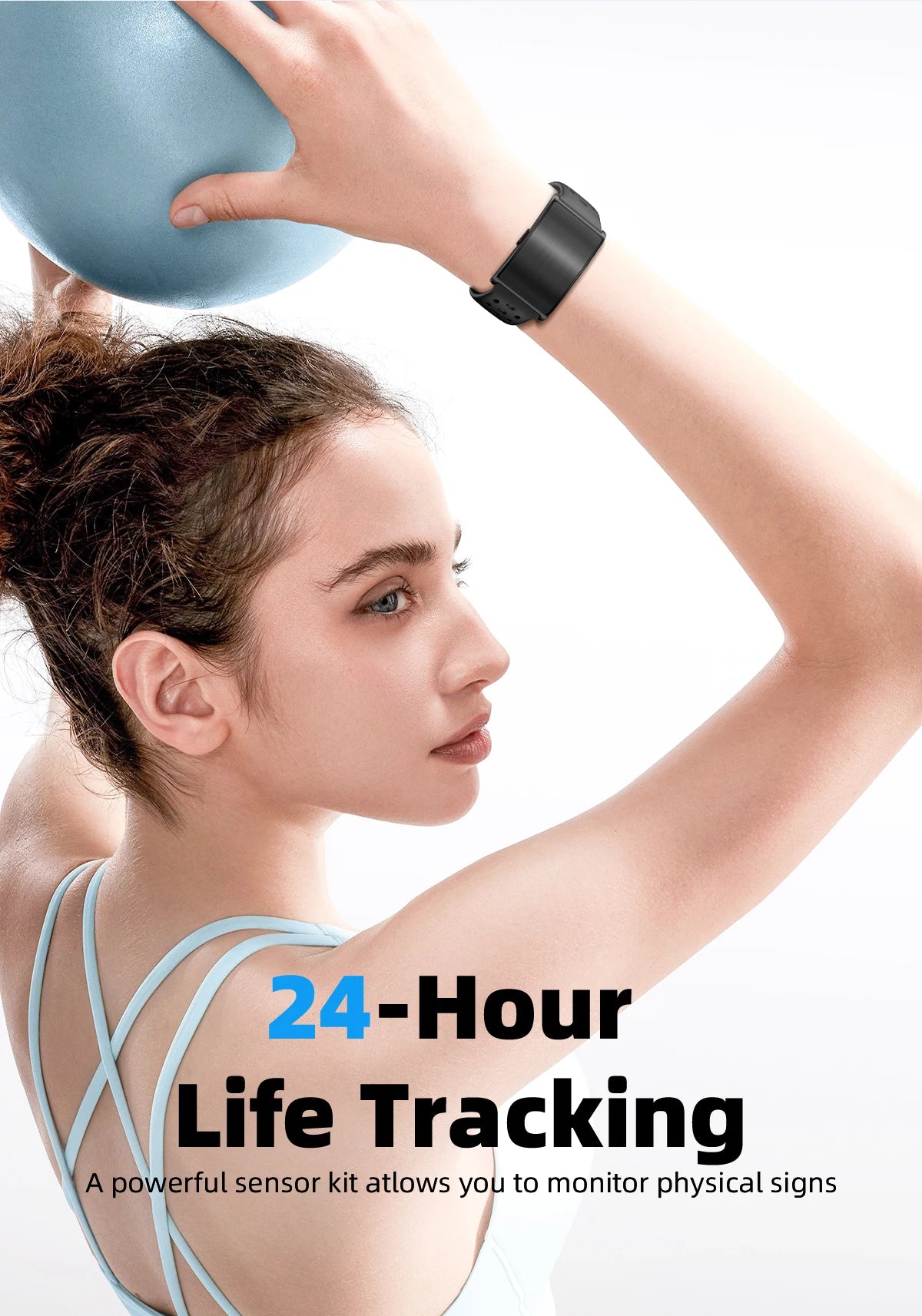 Black fitness smart bracelet on a woman’s wrist, showing 24-hour life tracking.