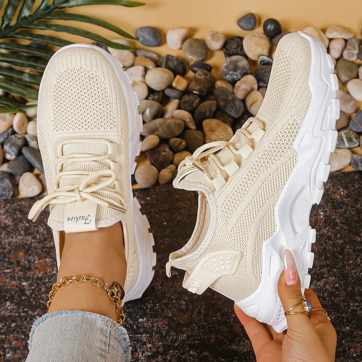 Cedar & Moore women's breathable mesh athletic sneakers with thick white soles in beige.