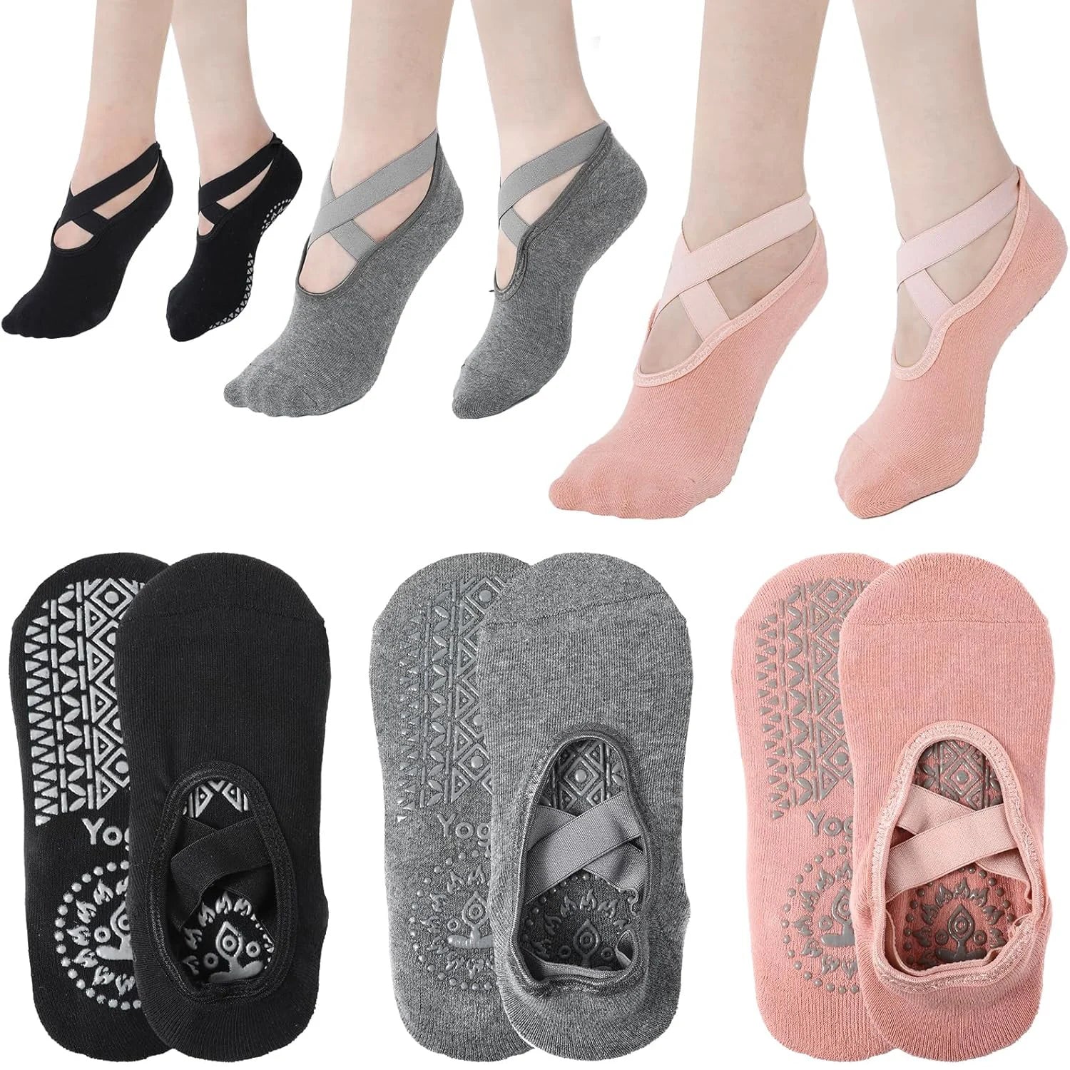 3-Pair Yoga Socks Set - Non-Slip Grip Socks with Straps for Women (Yoga, Pilates, Ballet)