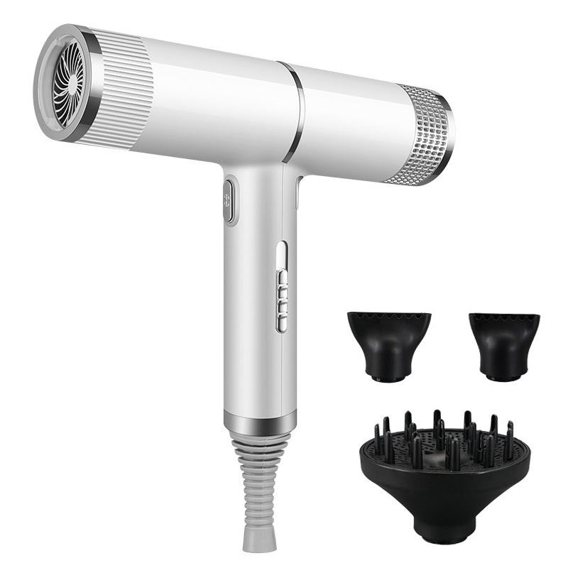 White hair dryer with black diffuser attachment and two concentrator nozzles