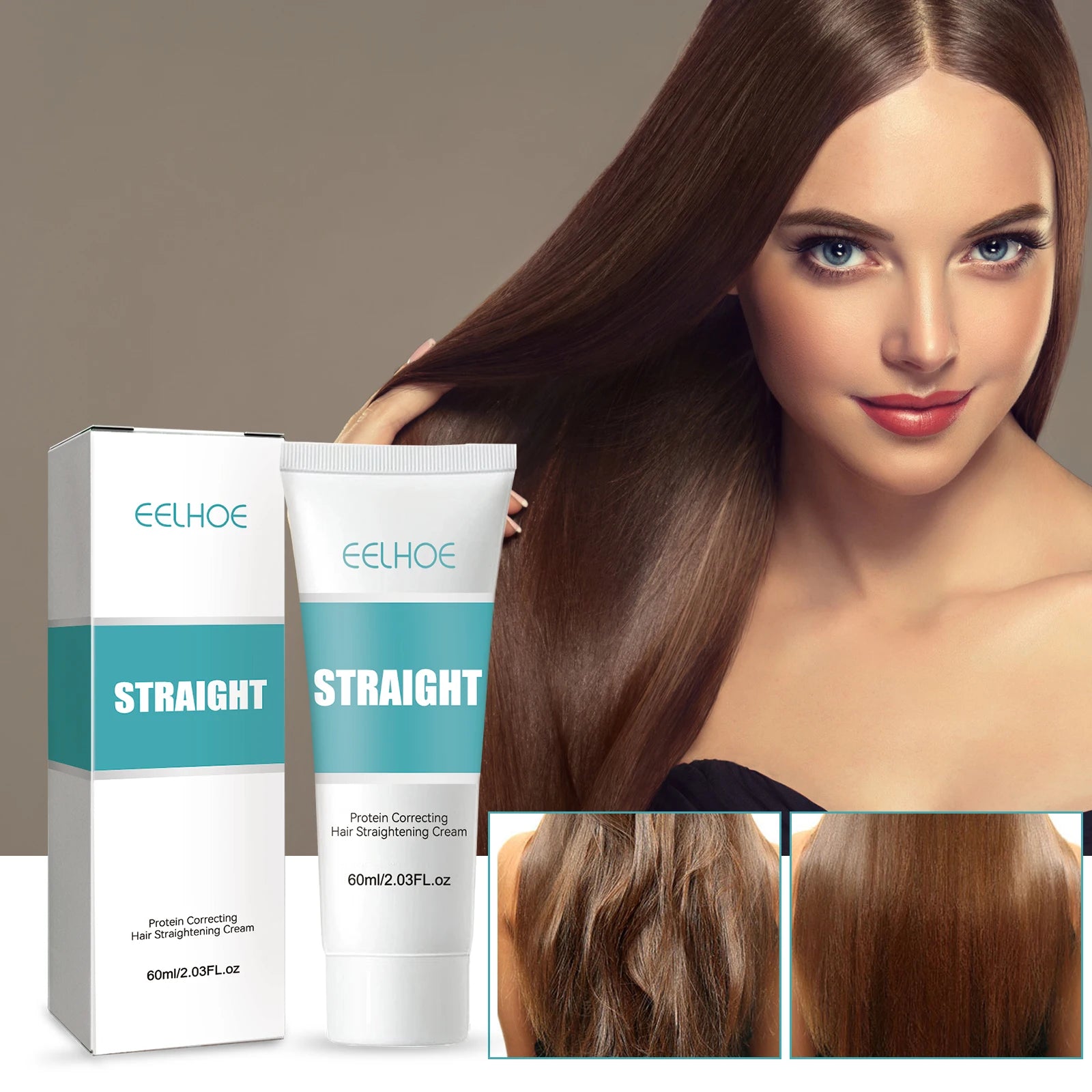 Keratin Straightening Cream tube and box with teal band and EELHOE branding, 60ml, hair treatment