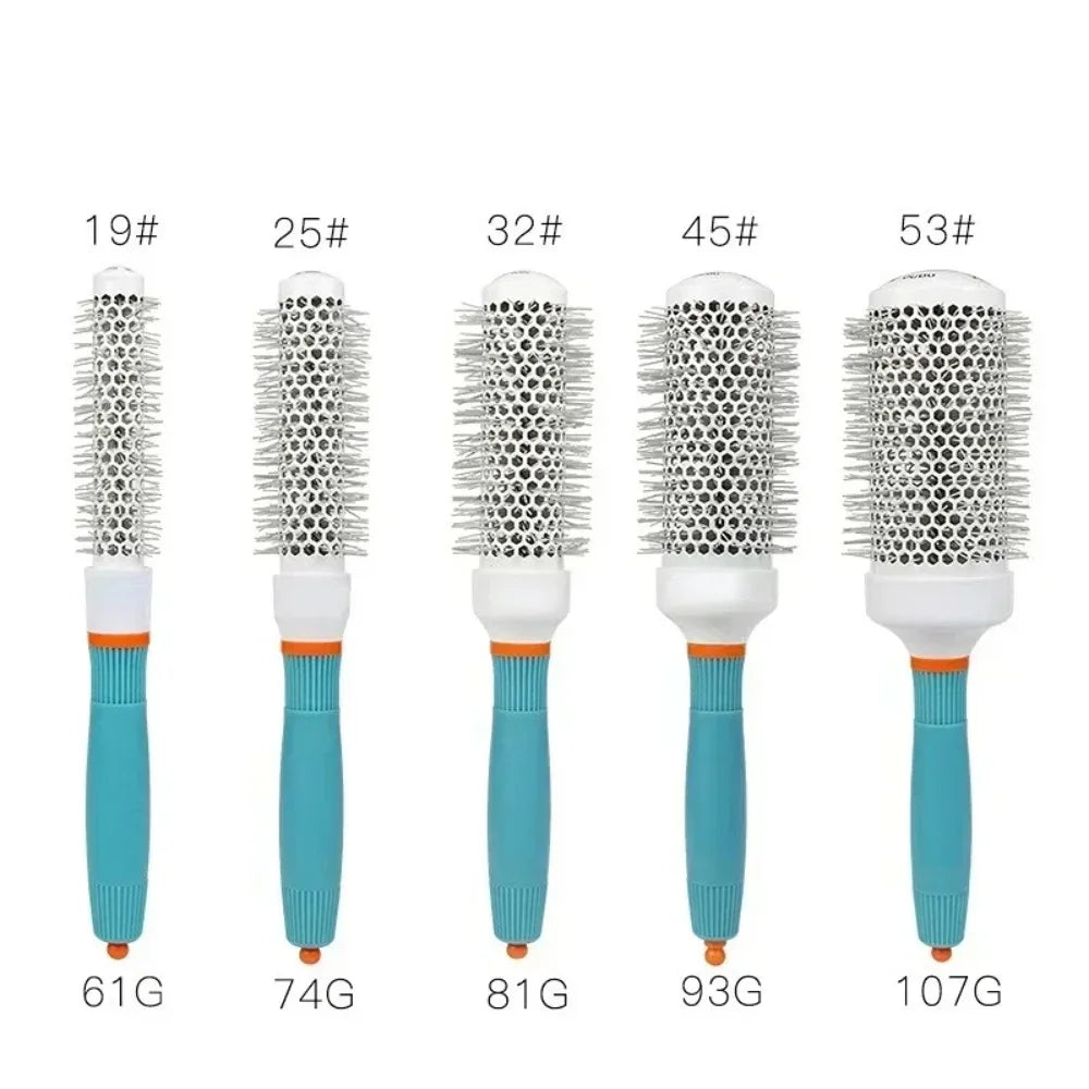 Set of round barrel hair brushes with teal handles and silver bristle heads