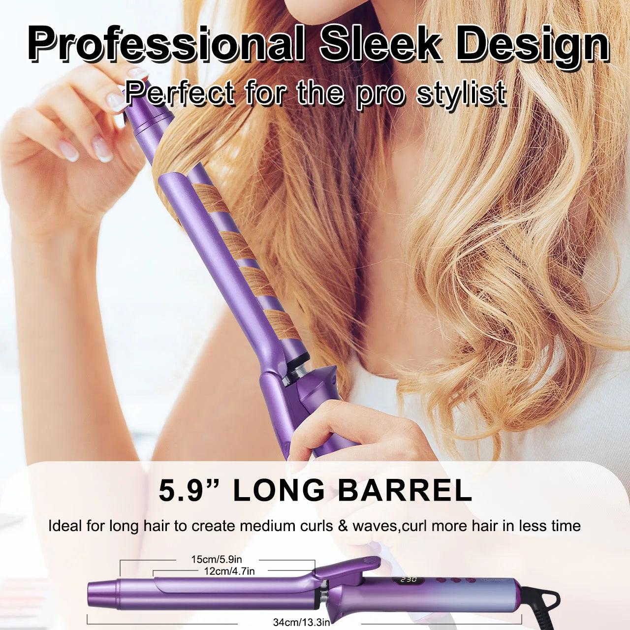 Purple hair curling tong with black cord, long barrel, and control buttons