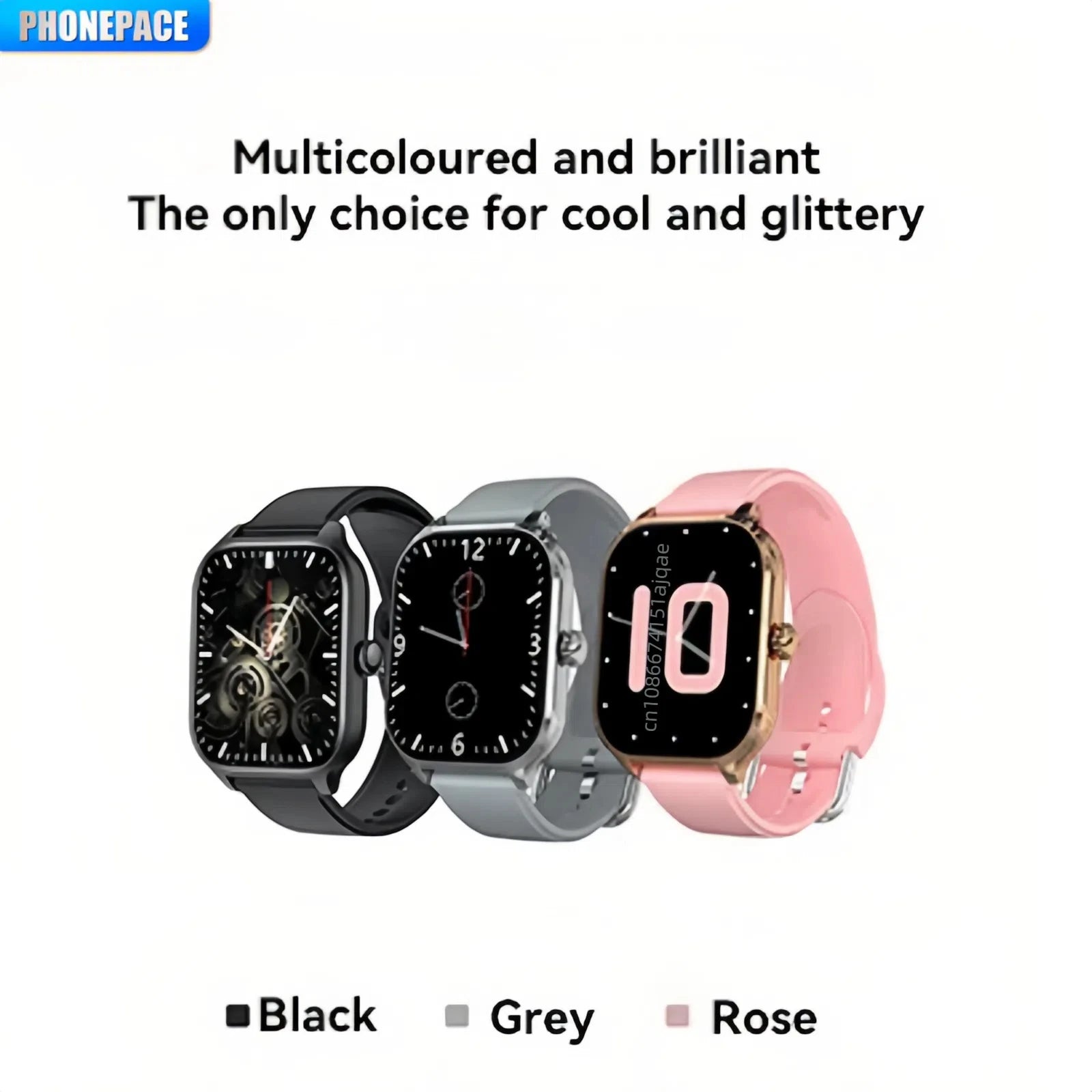 Health tracking smartwatch in black, gray, and rose with rectangular display