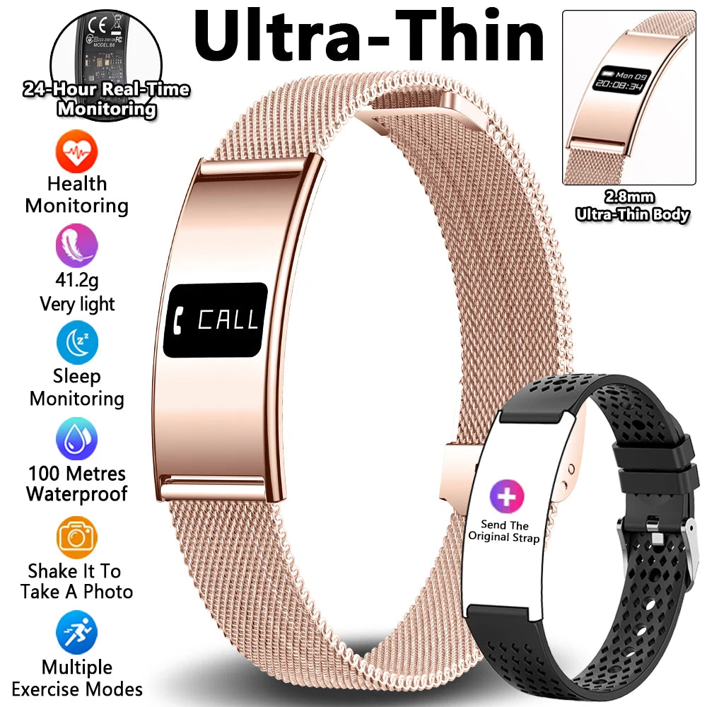 Rose gold ultrathin fitness tracker bracelet with OLED screen and black strap