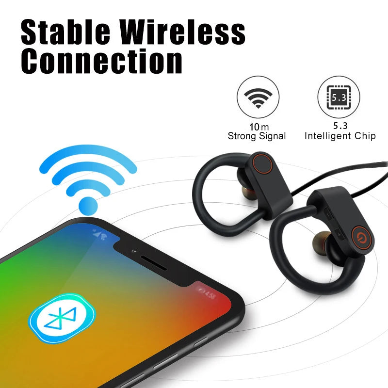 Black wireless sports headphones with over-ear hooks and charging-style control module
