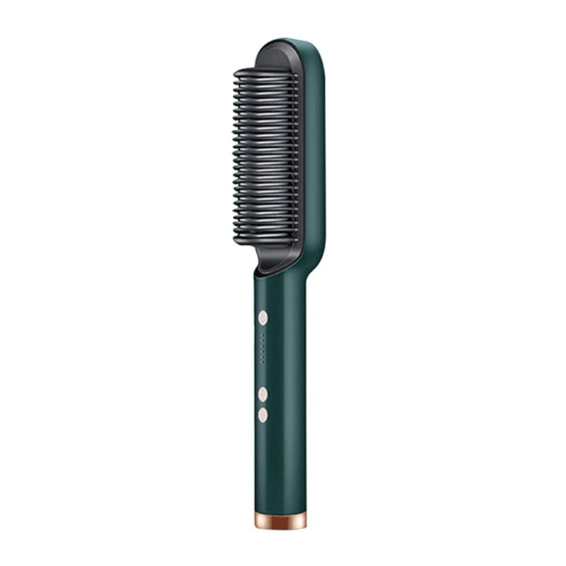 Green smoothing hot brush hair straightener with gray comb teeth and control buttons