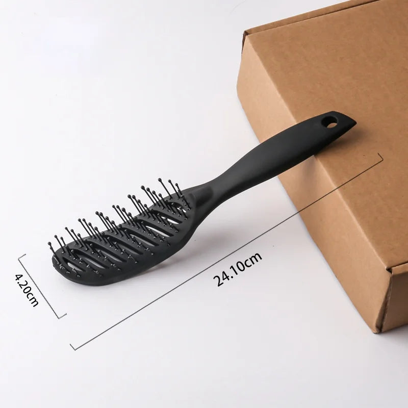 Black curved hair detangling brush with 9-row bristles and scalp massage, 24.10cm