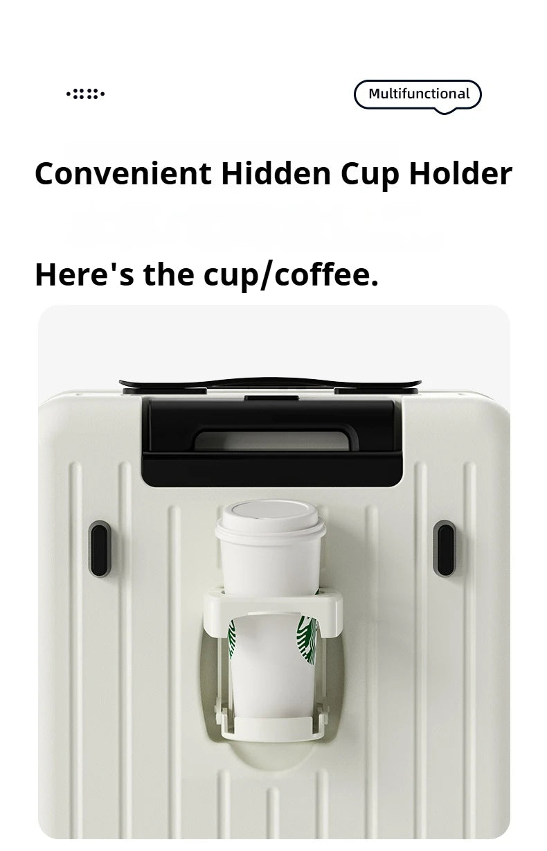 White rolling suitcase with hidden cup holder holding a white cup