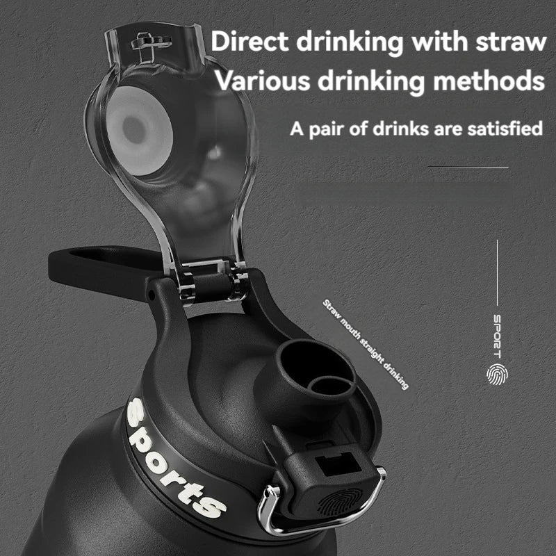 Black insulated sports water bottle with straw lid and wide drinking opening