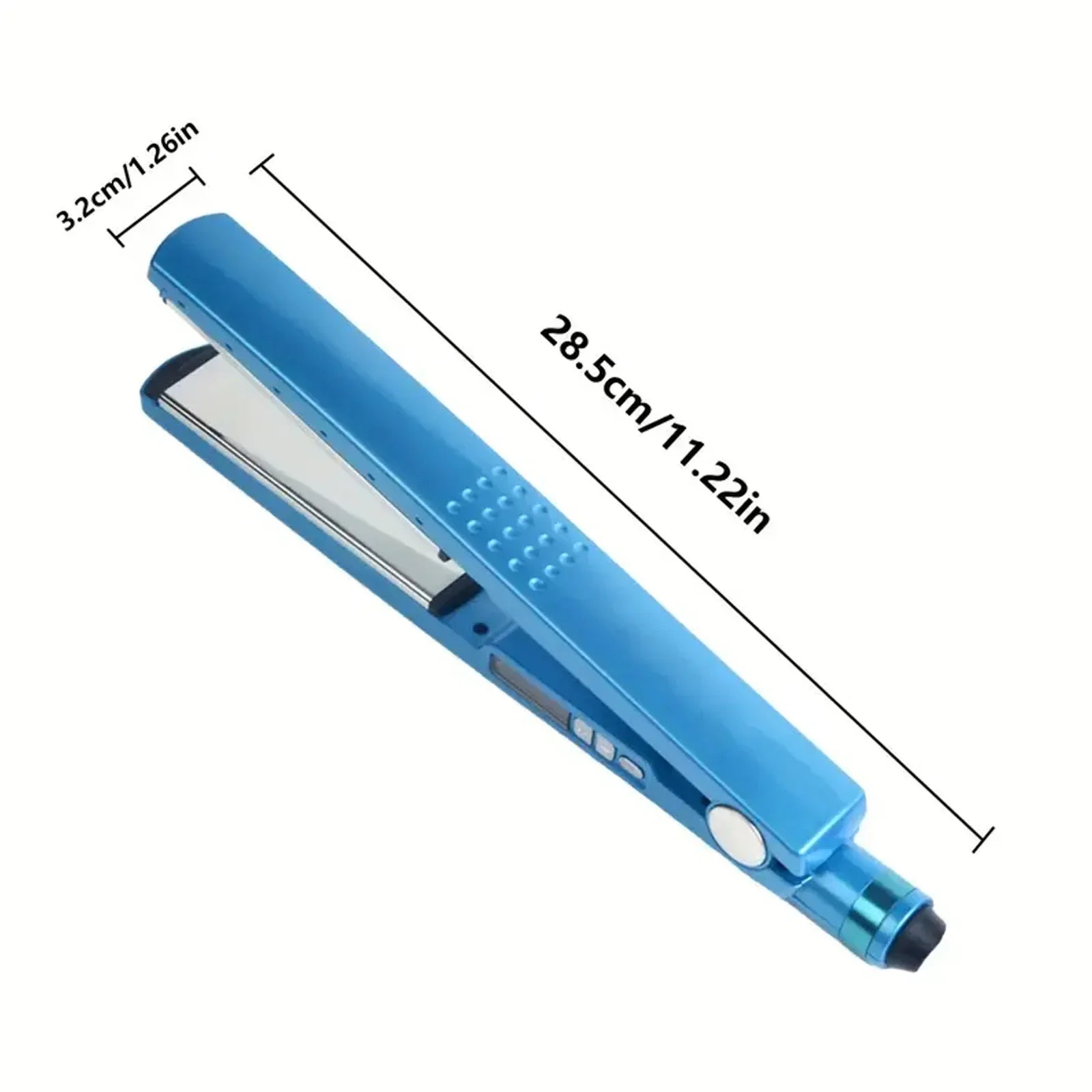Blue hair straightener with open clamp, angled side view with size arrows